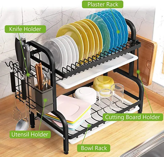 Rack de secagem de prato de 2 camadas escorredor de pratos de cozinha grande escorredor de pratos à prova de ferrugem com suporte de utensílio