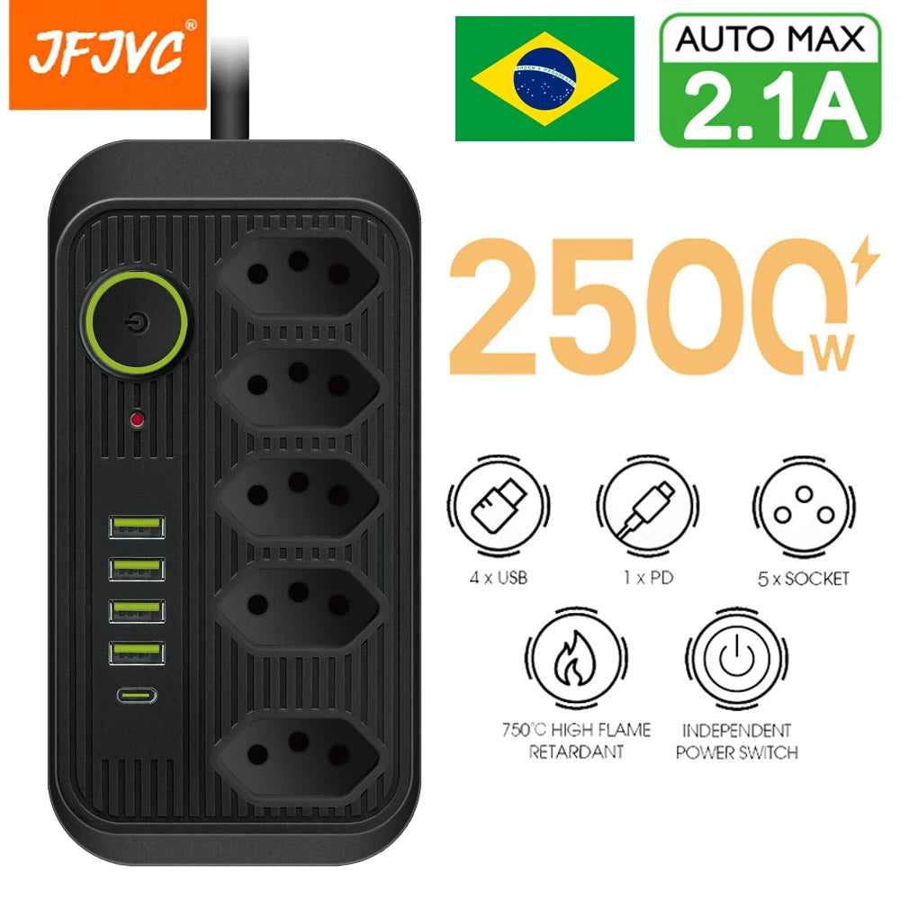 Filtro de tomada plug brasileiro tomadas linha filtro cabo extensão elétrica com usb tipo c carregador adaptador rede